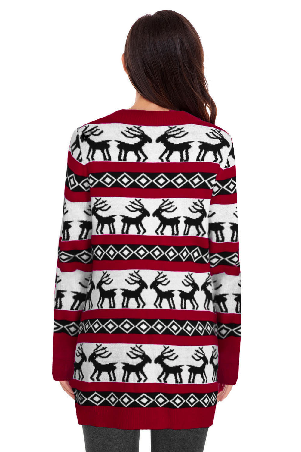 Red Elk Printed Long Sleeves Knitting Mid-length Christmas Cardigan Sweater